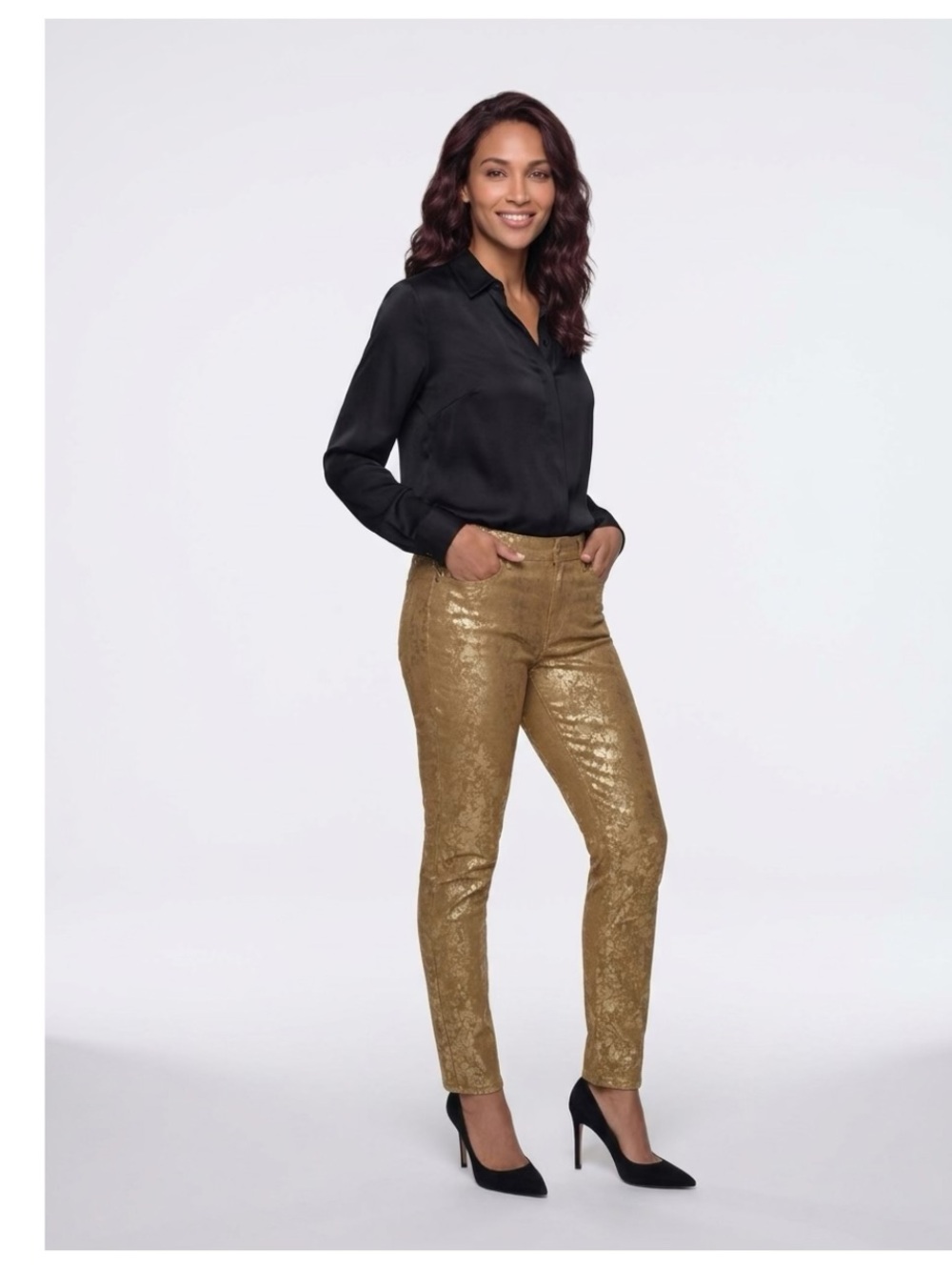 Gold Metallic Slim Fit Women's Pull On Jeans